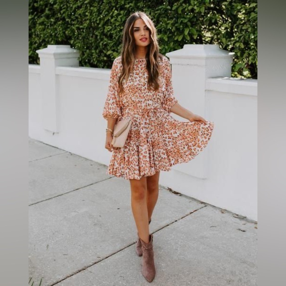 VICI Leopard Print Rope Tie Dress | Size L | Flowy Boho Mini, Cream & Orange
